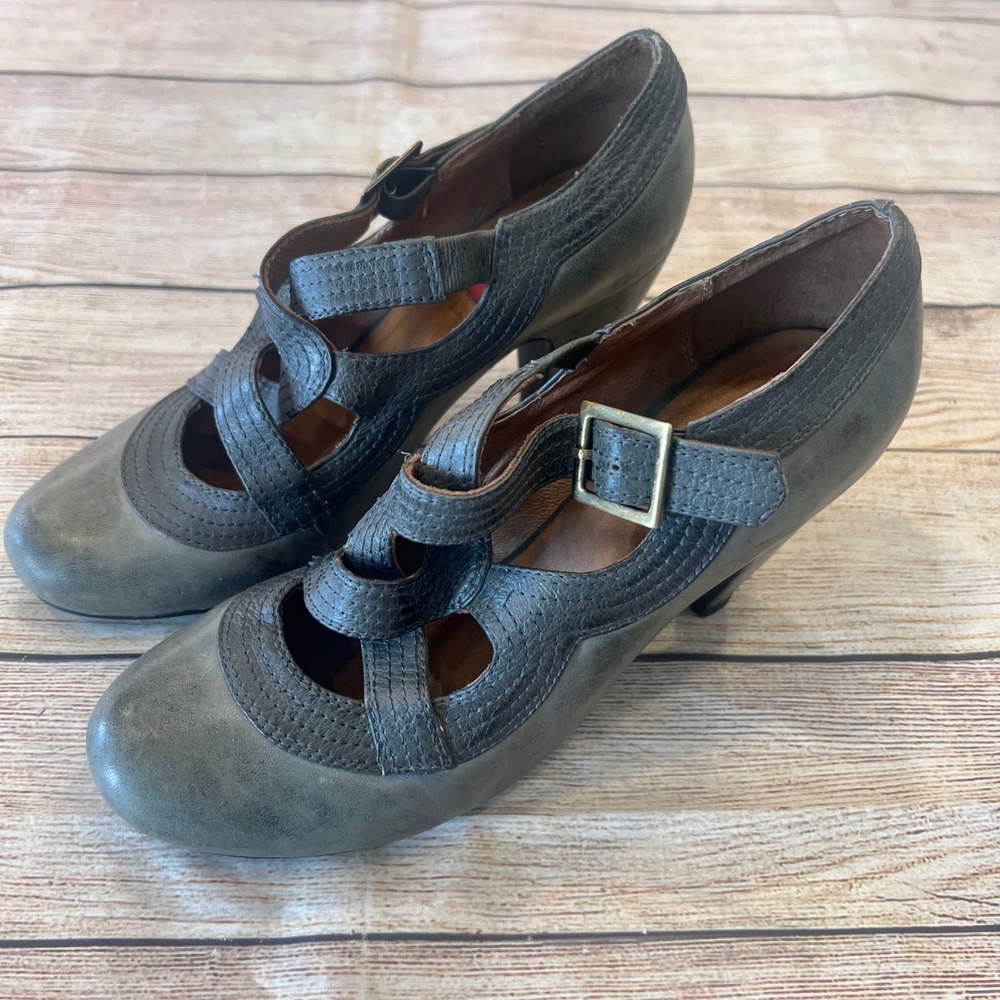 Miz Mooz Grey Leather Mary Jane Pumps‎ Strappy Cone Heels Womens 7.5